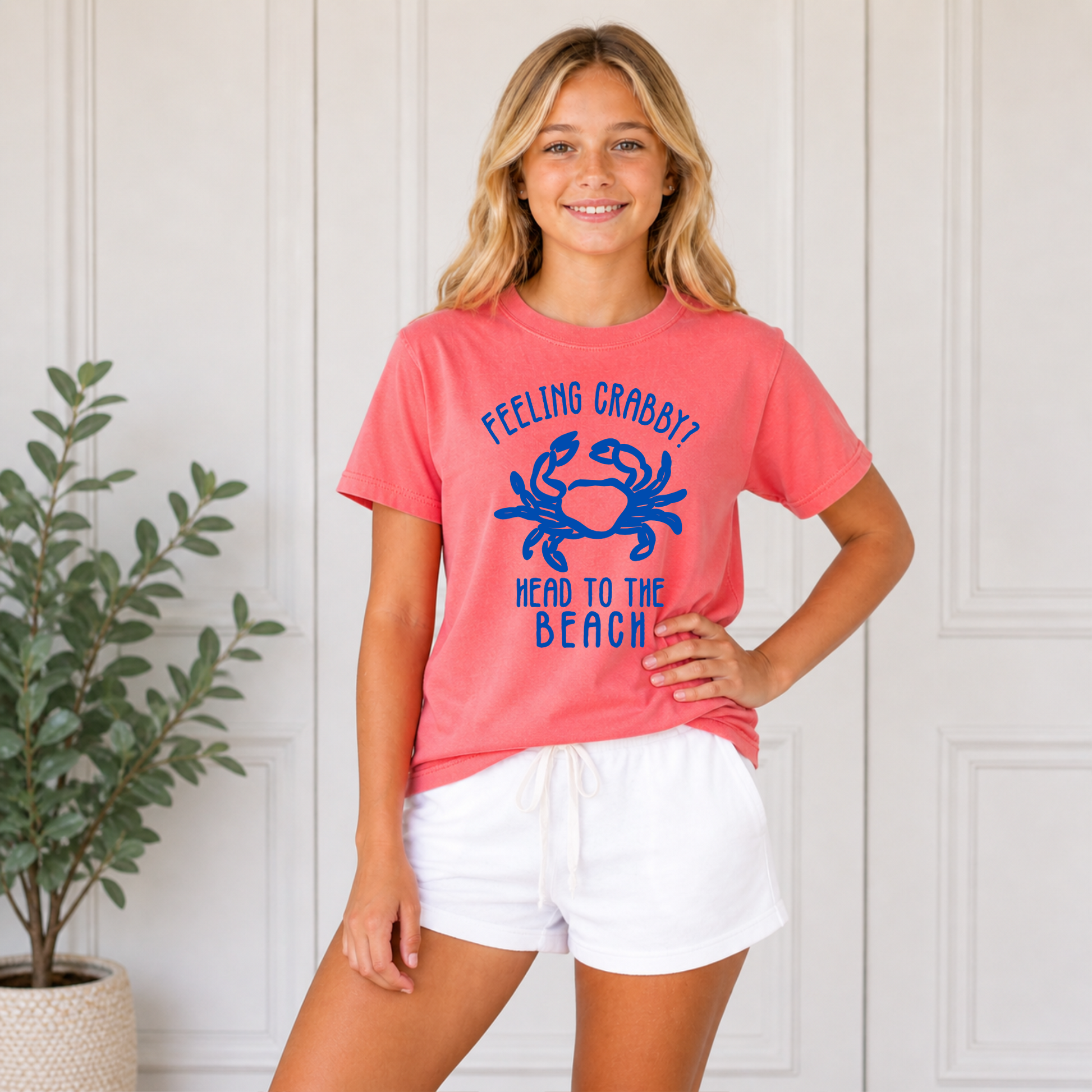 Kids beach shirt with crab design and funny summer phrase