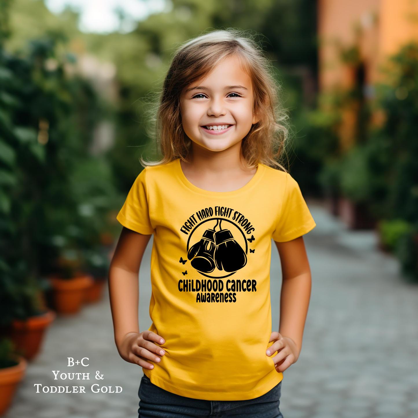 Fight Hard Fight Strong | Childhood Cancer Awareness | Go Gold | Cancer Survivor | Crew Neck Toddler & Youth