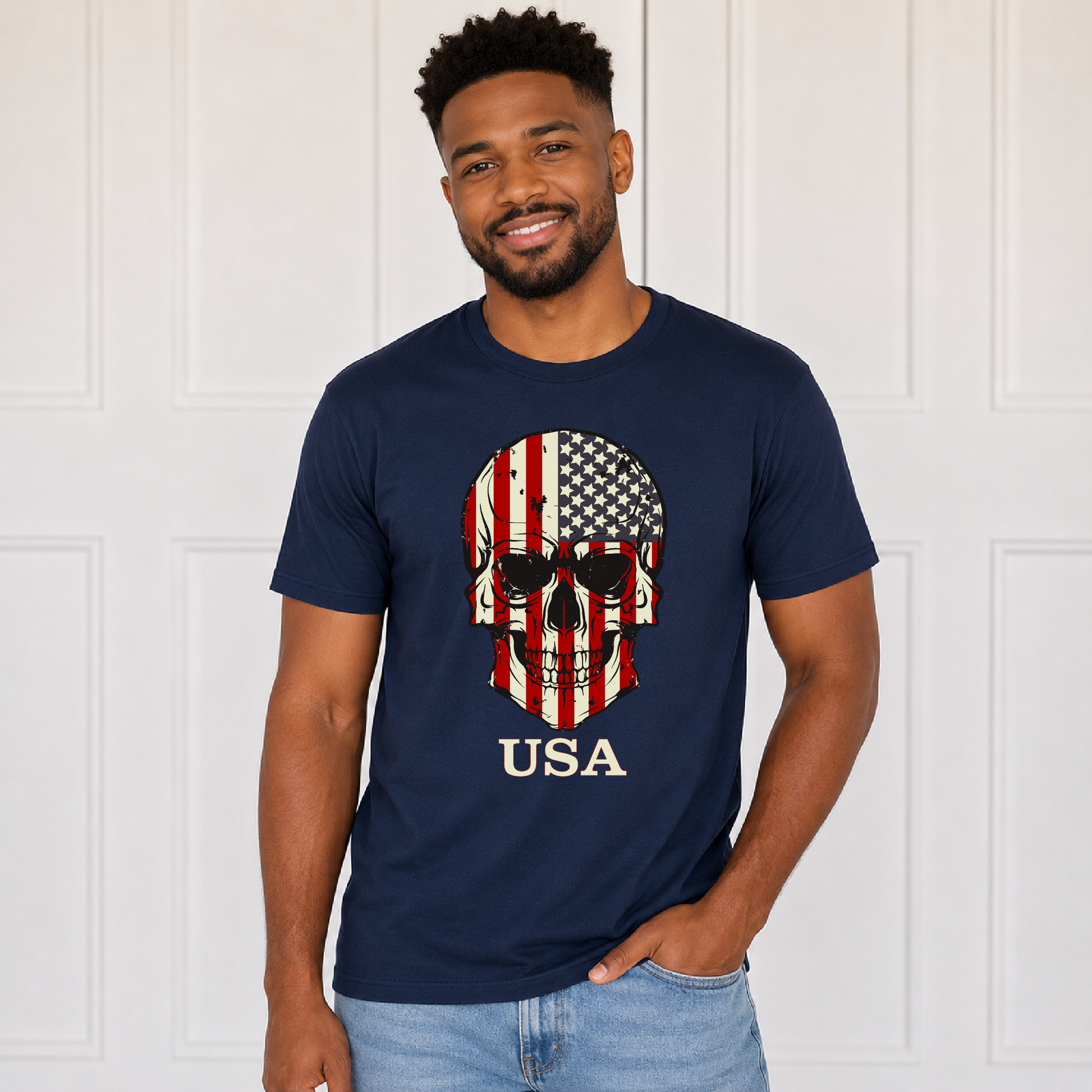 Distressed USA skull graphic patriotic shirt