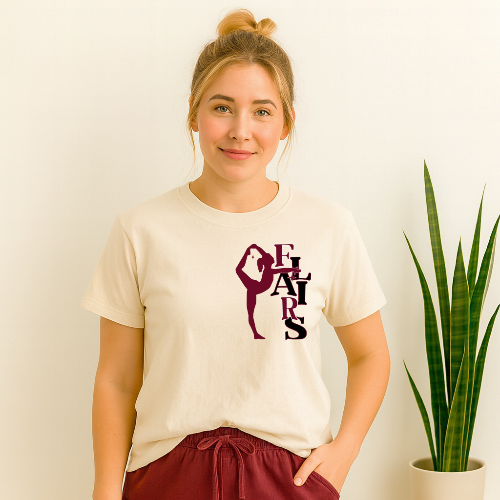 “Northshore Flairs dancer T-shirt with maroon silhouette design”