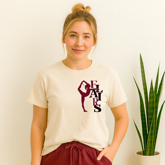 “Northshore Flairs dancer T-shirt with maroon silhouette design”