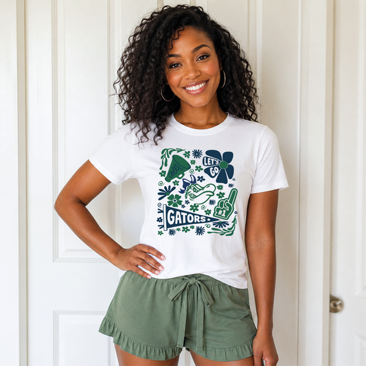 MYB Gators game day shirt with flowers foam finger and cheer design