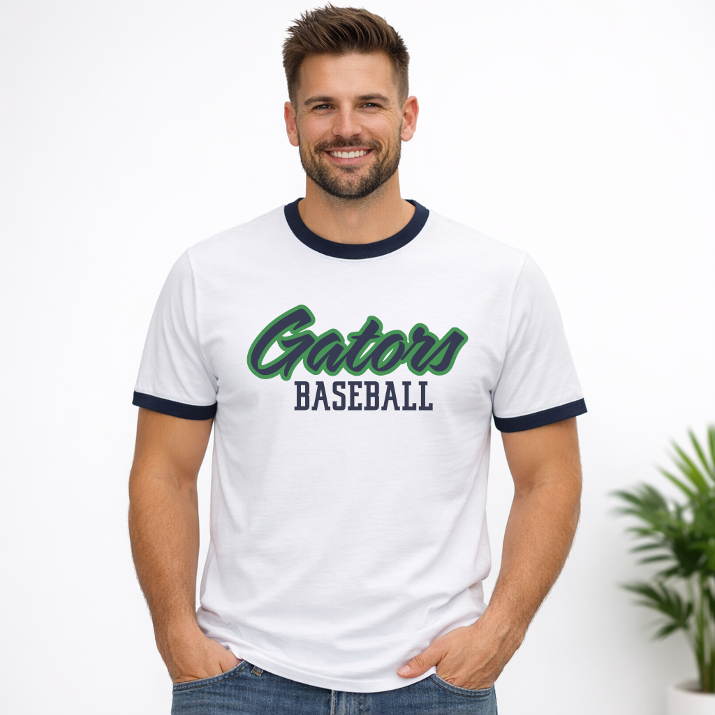 gators script baseball ringer t shirt
