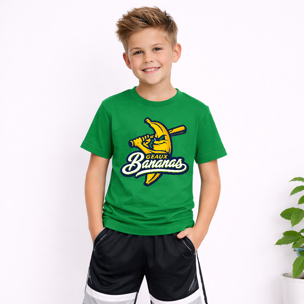 Banana Ball youth shirt with banana holding baseball bat