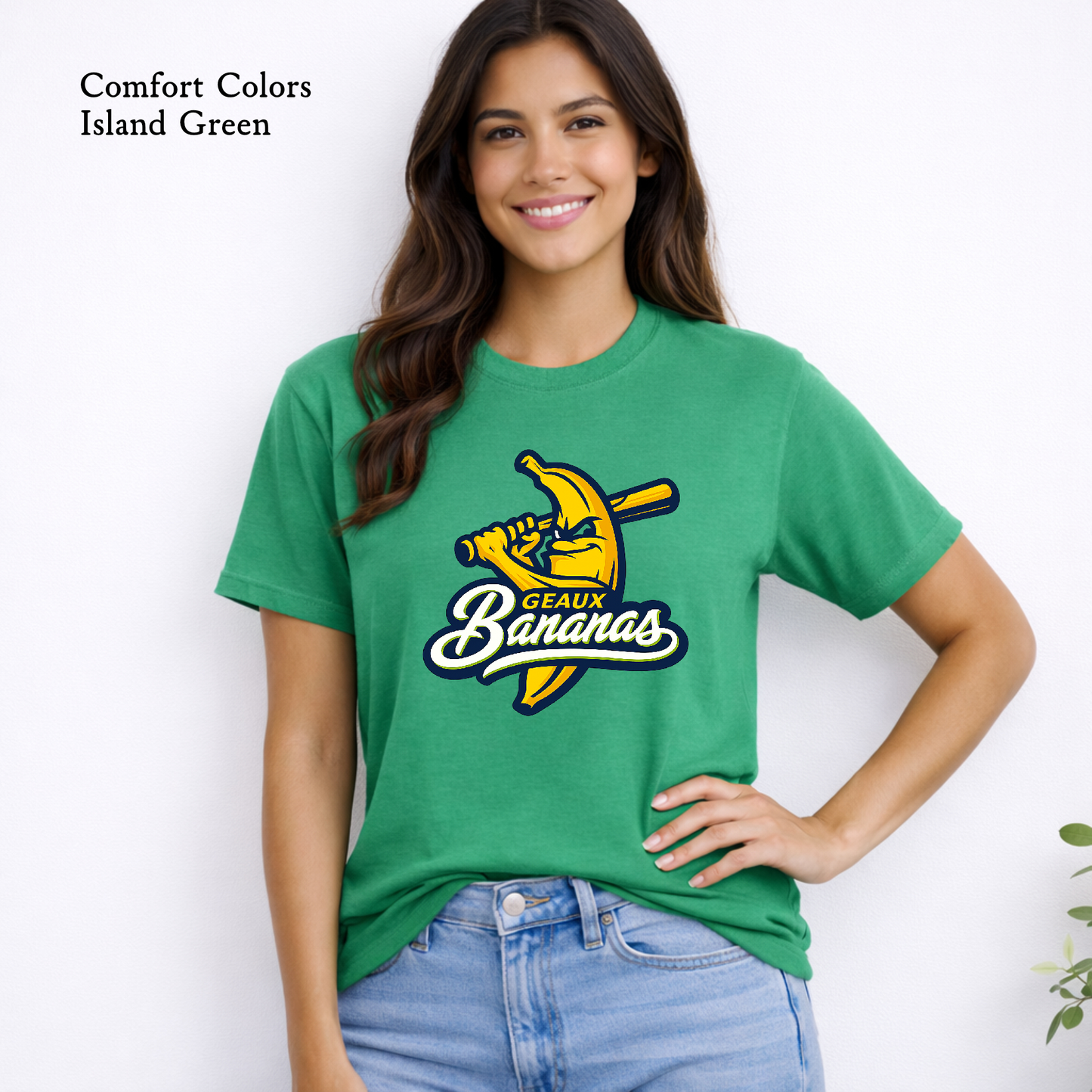 Geaux Bananas batting banana baseball mascot graphic T-shirt design