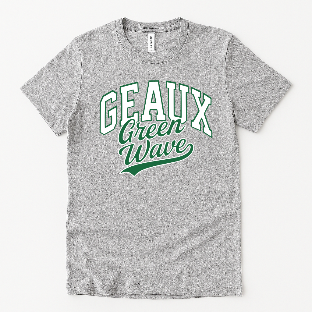 Green Wave spirit tee with bold varsity and script lettering