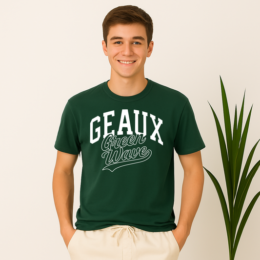 Geaux Green Wave Ponchatoula High School spirit shirt on male model