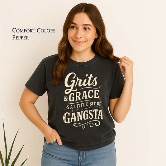 Woman wearing "Grits, Grace & A Little Bit of Gangsta" T-Shirt