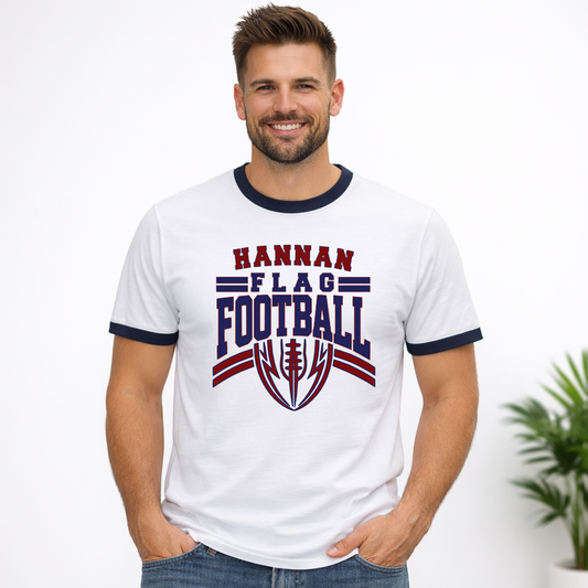 Hannan Flag Football ringer T-shirt with shield football graphic
