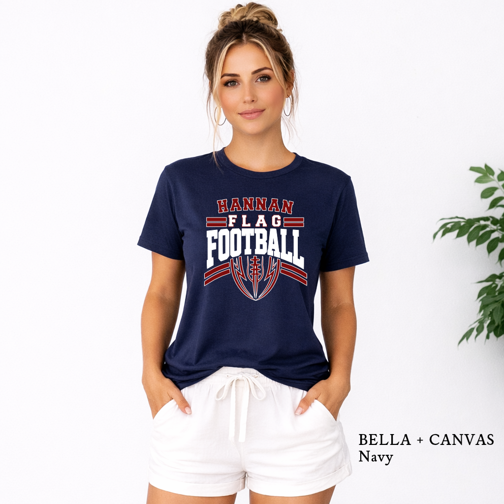 Hannan Hawks flag football shirt with half football graphic