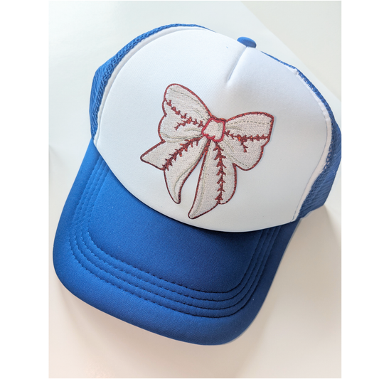 Coquette Bow Baseball Patch Trucker Mesh Hats | Blue