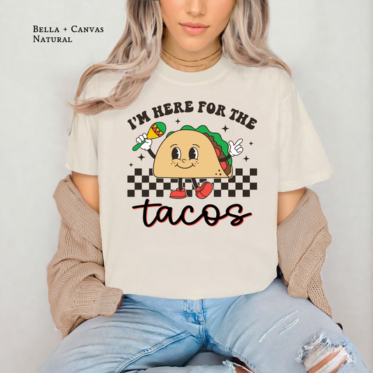 Retro taco tee with “Here for the Tacos” graphic on natural shirt