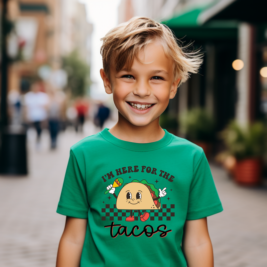 Youth taco tee with “Here for the Tacos” text