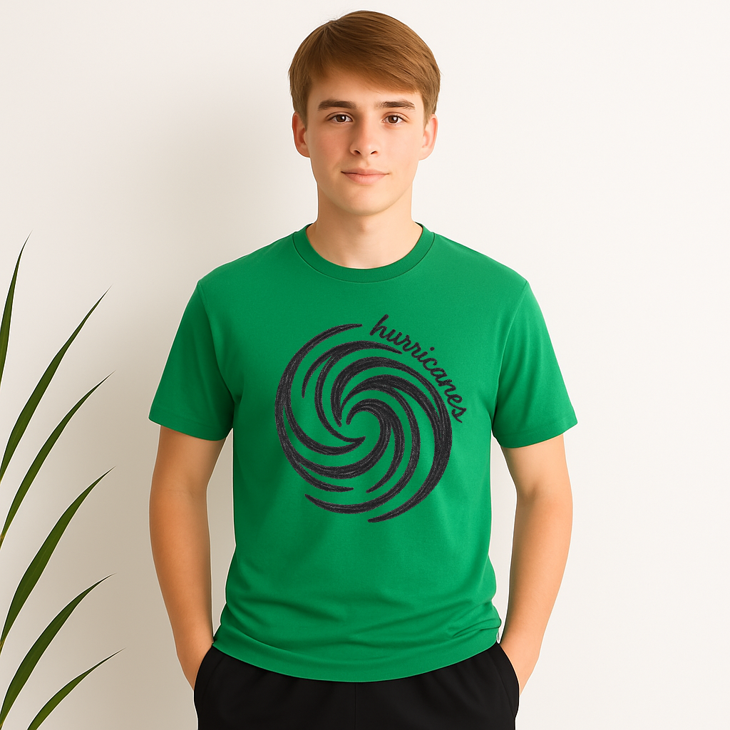 FJH school spirit shirt with hand-drawn hurricane