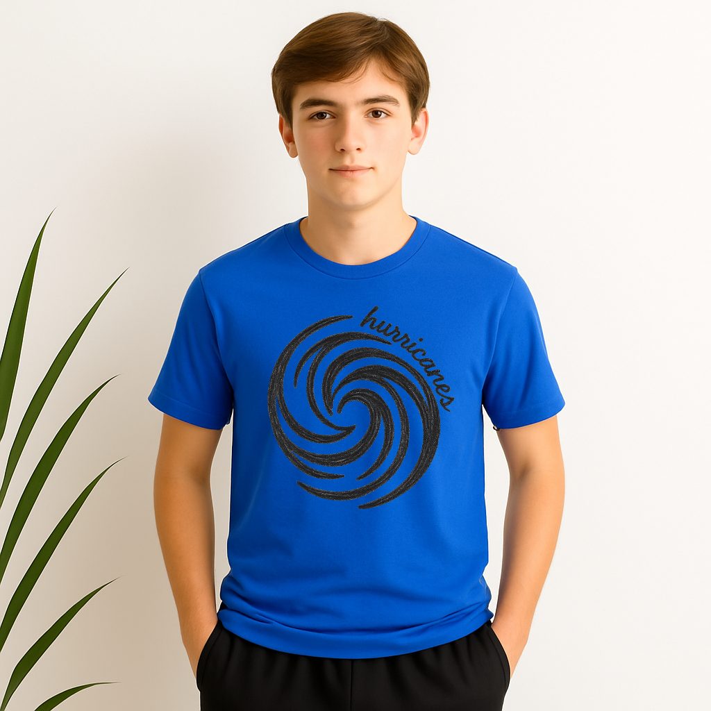 Green tee with bold hurricane line art

