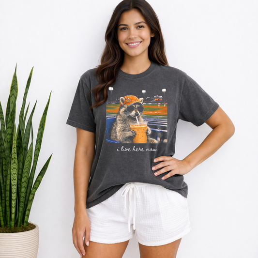 raccoon baseball shirt iced coffee graphic tee with orange baseball hat