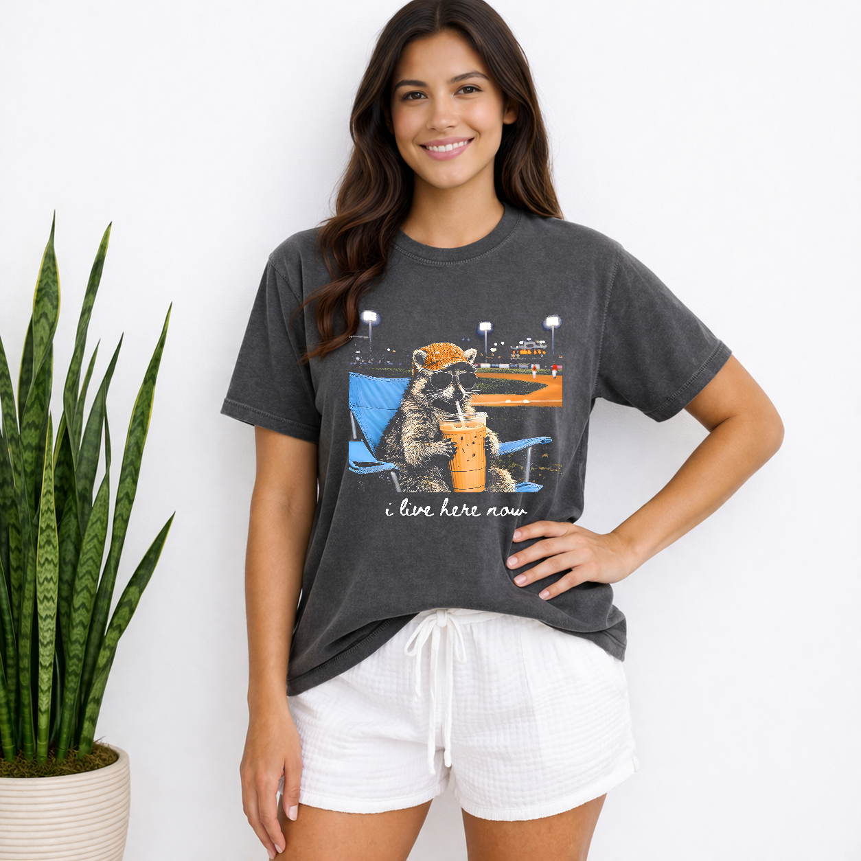 I Live Here Now Baseball Raccoon Orange Hat T-Shirt