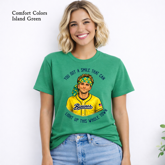 Savannah Bananas inspired baseball shirt featuring Jackson Olson portrait artwork