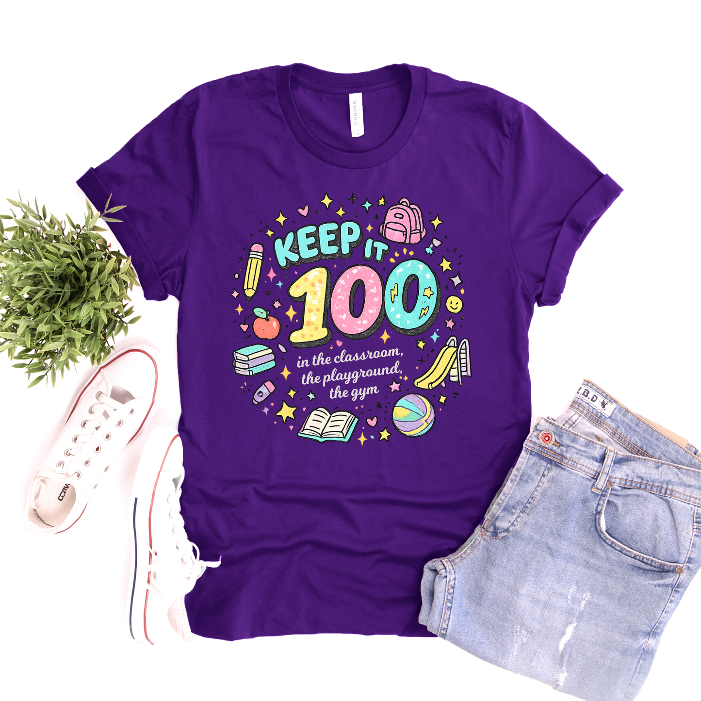“Keep It 100 100 Days of School T-shirt with doodle design”
