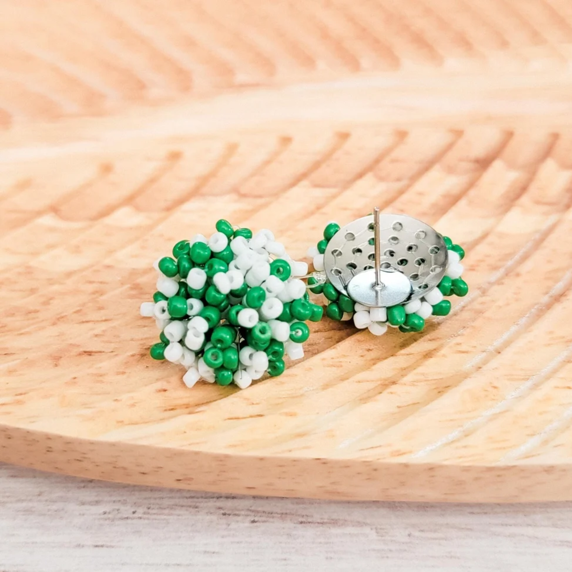One pair of Kelly Green 15mm small seed bead toppers for jewelry making, earrings, accessories, and craft projects.