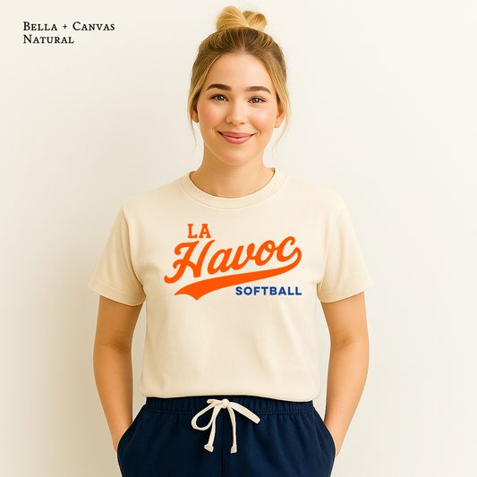Traditional LA Havoc Softball tee in retro font. 
