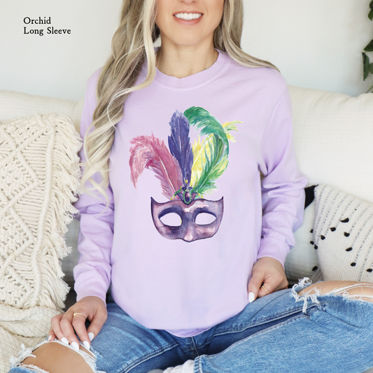 Watercolored Mask | Mardi Gras| Comfort Color Long Sleeve Graphic Tees