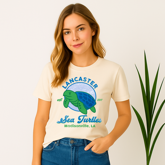 Lancaster Sea Turtles mascot shirt with est. 2011 and blue circle background