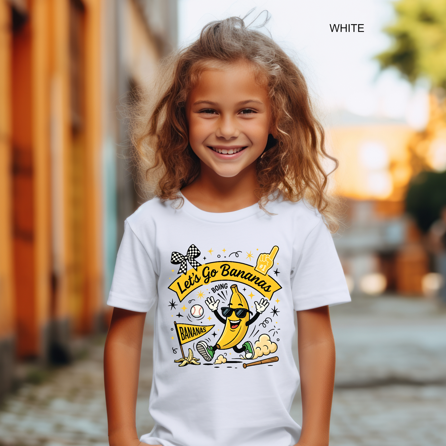 lets go bananas youth baseball t-shirt with bow banana mascot
