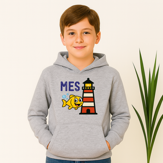 Youth wearing lighthouse and minnow hoodie for Madisonville Elementary

