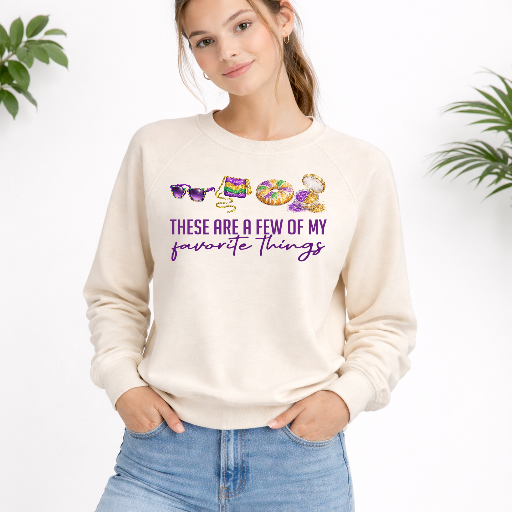 Festive Mardi Gras raglan sweatshirt with accessories design