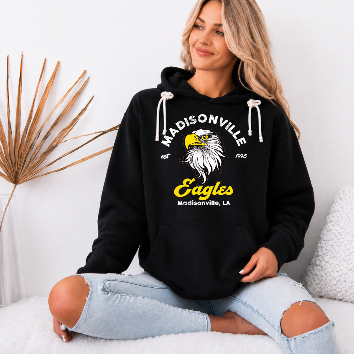 Madisonville Jr. Eagles Hoodie – Vintage Est. 1995 Mascot  Black Hooded Sweatshirt