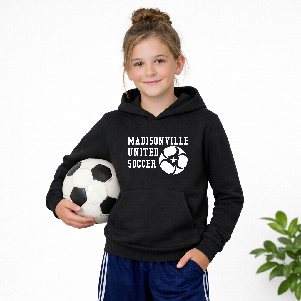 Madisonville United Soccer youth hoodie black Gildan Softstyle Midweight fleece