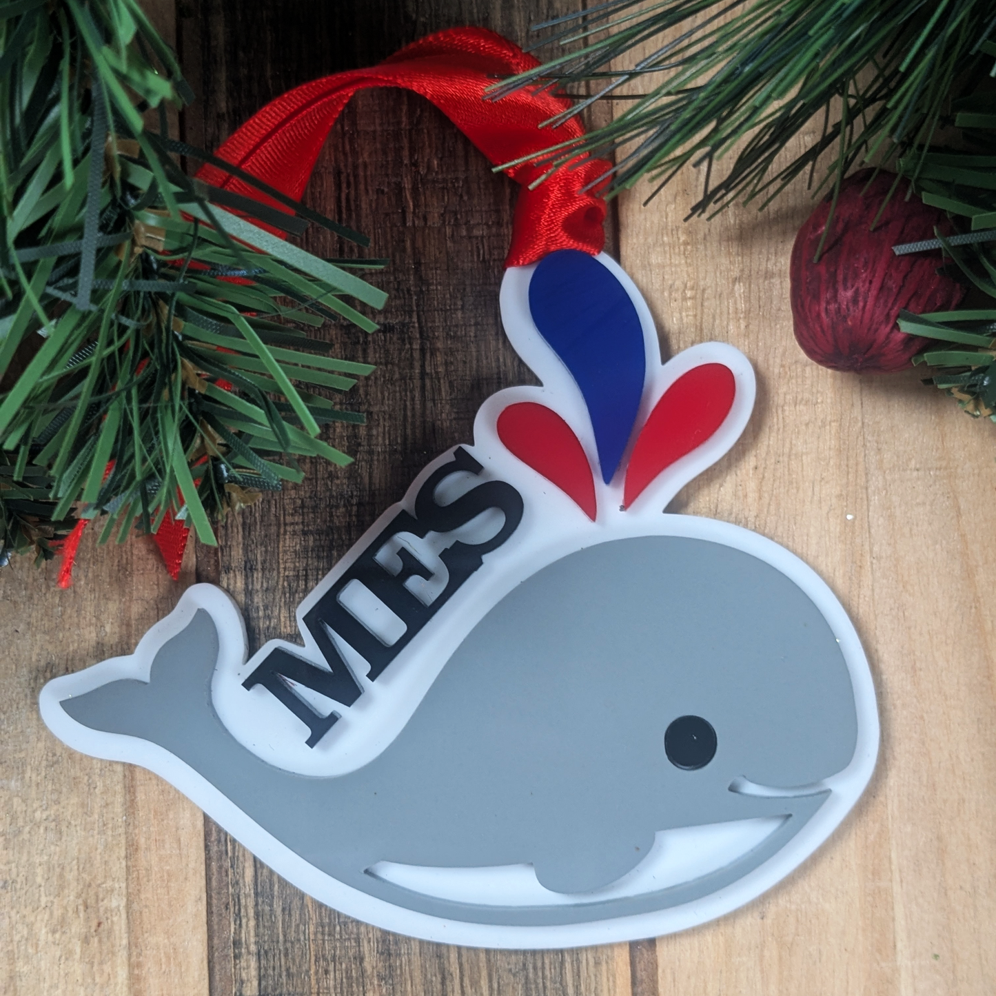 Handmade MES Whales holiday ornament by The Twisted Hippo