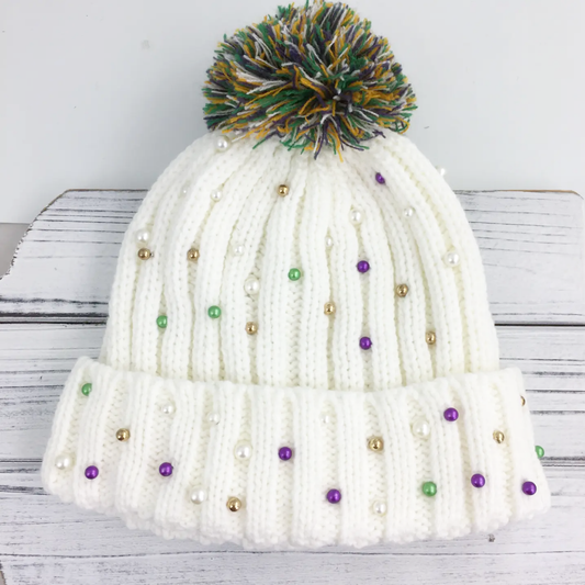 Pearl Pompom White Mardi Gras Beanie | Mardi Gras | Youth or Small Adult