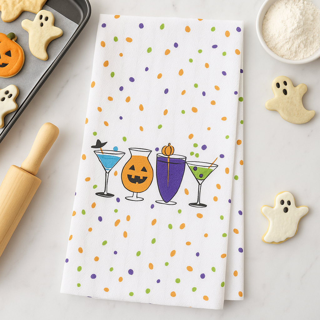 Royal Standard Halloween cocktails dishtowel with festive confetti