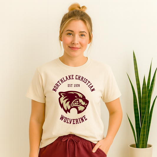 NLC spirit wear shirt with EST 1978 and Wolverine logo

