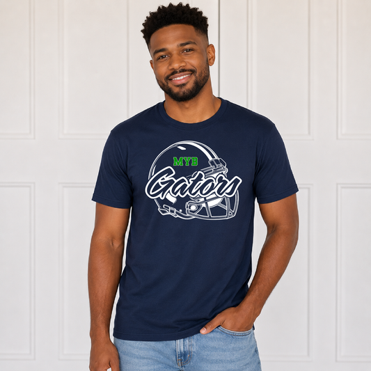 MYB Gators football Jamboree helmet design on a navy spirit wear shirt