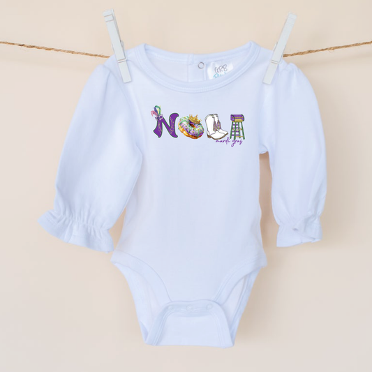 NOLA Ruffle Long Sleeve White Infant Bodysuits | Mardi Gras
