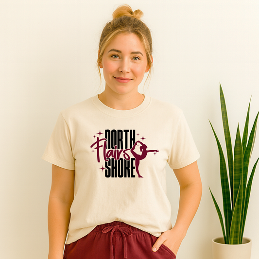 Northshore Flairs official logo dancer T-shirt with maroon silhouette