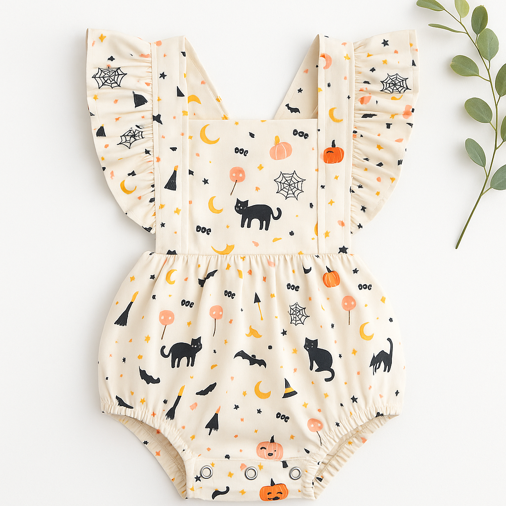 Flat lay of Ollie Jay Halloween baby romper with black cat and pumpkin print – retired 2023 design, boutique collectible