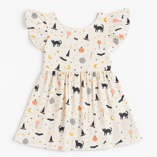 Flat lay of Ollie Jay Halloween girls dress with black cats, pumpkins, and spider web print – retired 2023 boutique collectible