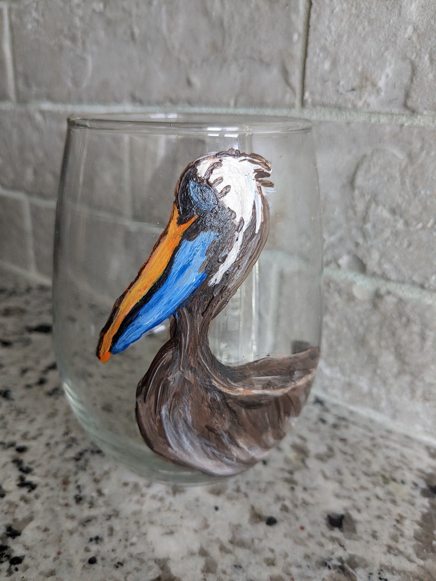 Brown Pelican Hand Painted Stemless Wine Glasses - 16 oz