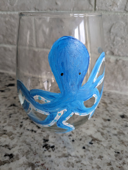 Blue Octopus Nautical Hand Painted Stemless Wine Glasses - 16 oz