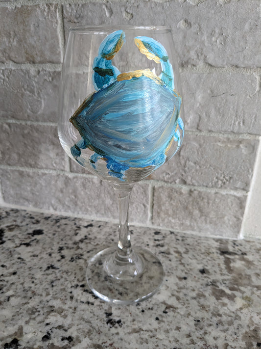 Hand- Painted Crab with Golden Outline 16 oz Stem Wine Glass