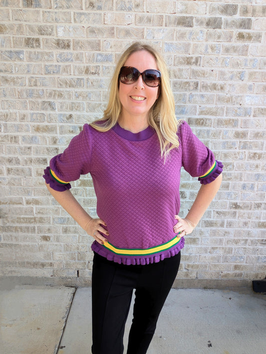 Quilted Knitted Mardi Gras Top | Puffed Sleeve