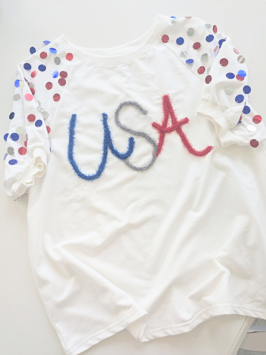 Spangle Sparkle USA Top – Red, White & Blue Sequin Tee