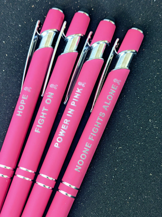 Engraved Breast Cancer Awareness Pen Set of 4 – Encouraging Words & Ribbon