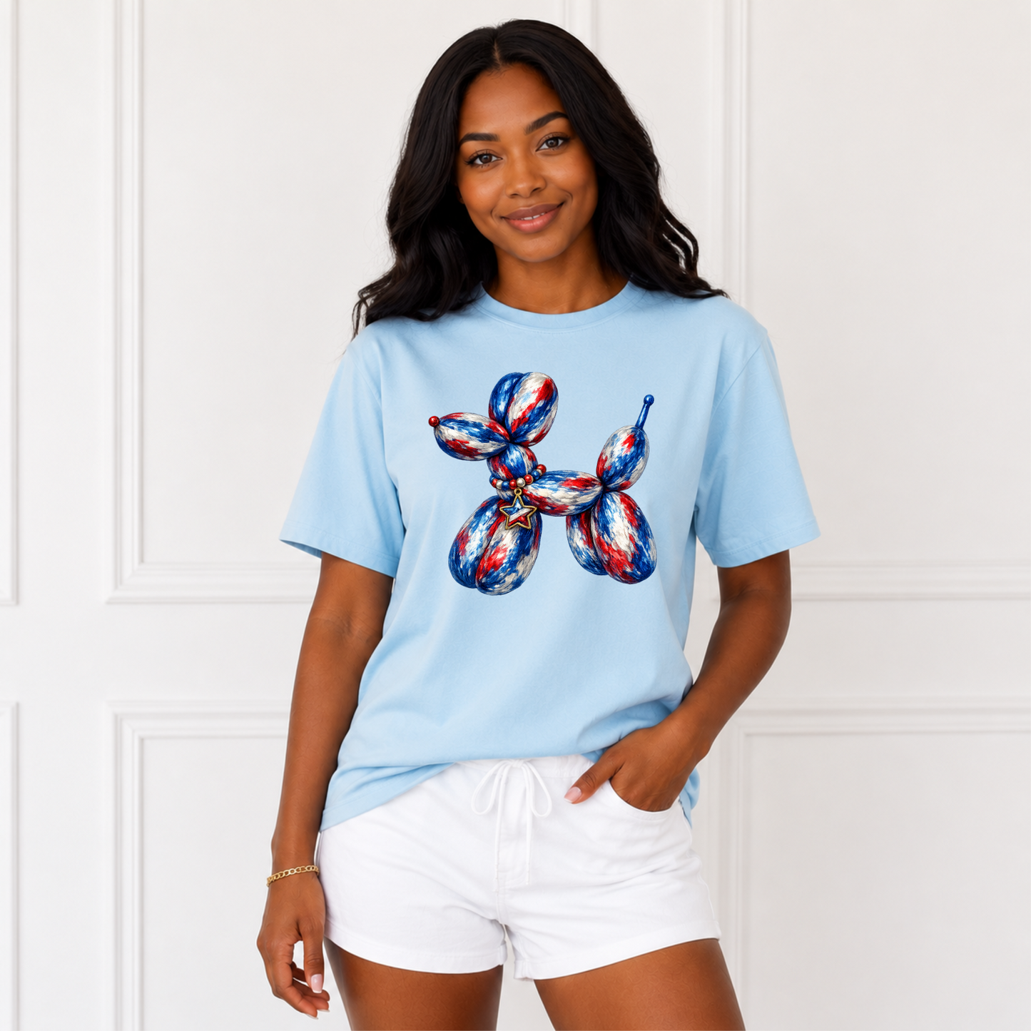 Red white and blue Americana balloon dog shirt for fireworks and summer parties