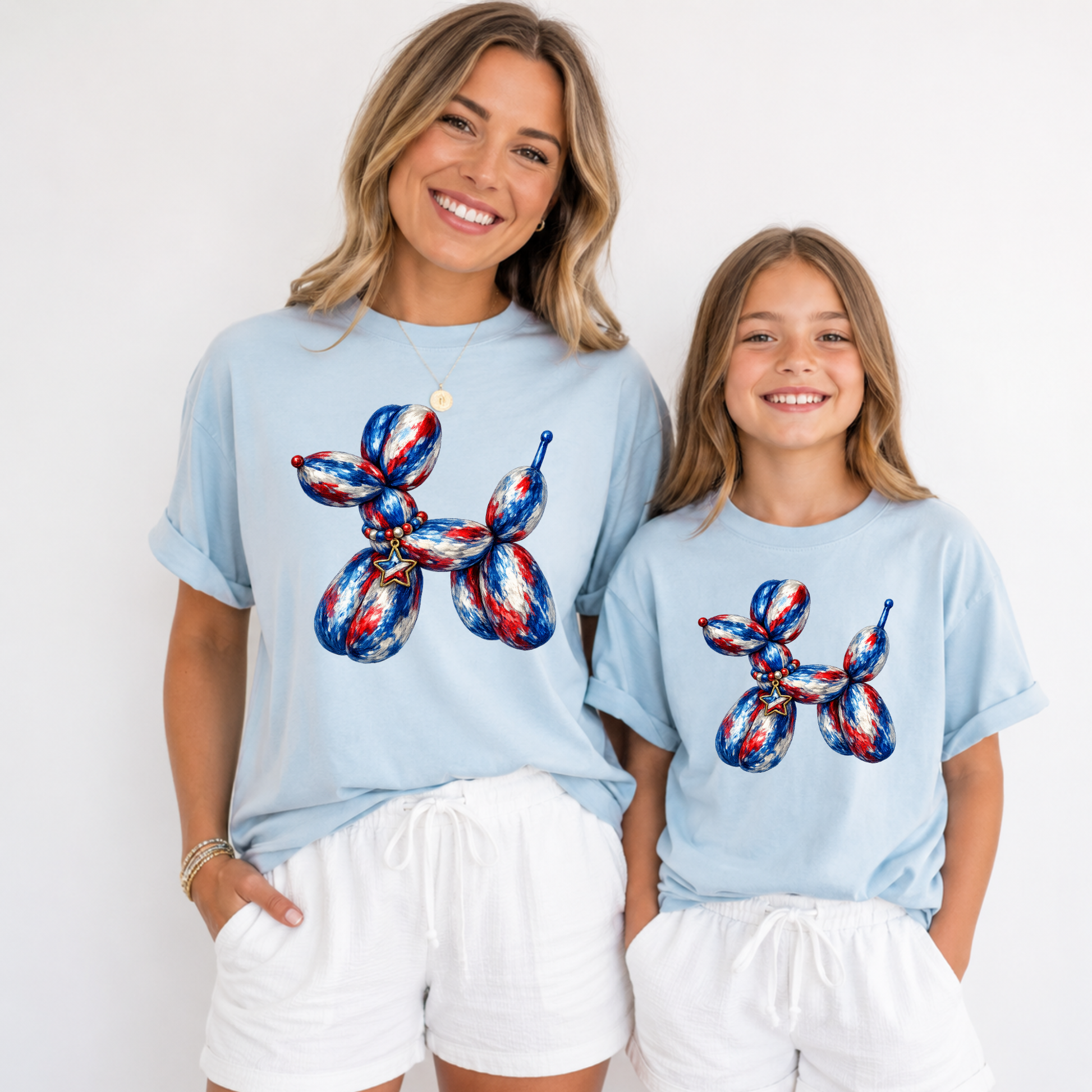 Matching family Fourth of July balloon dog T-shirt in adult and youth sizes