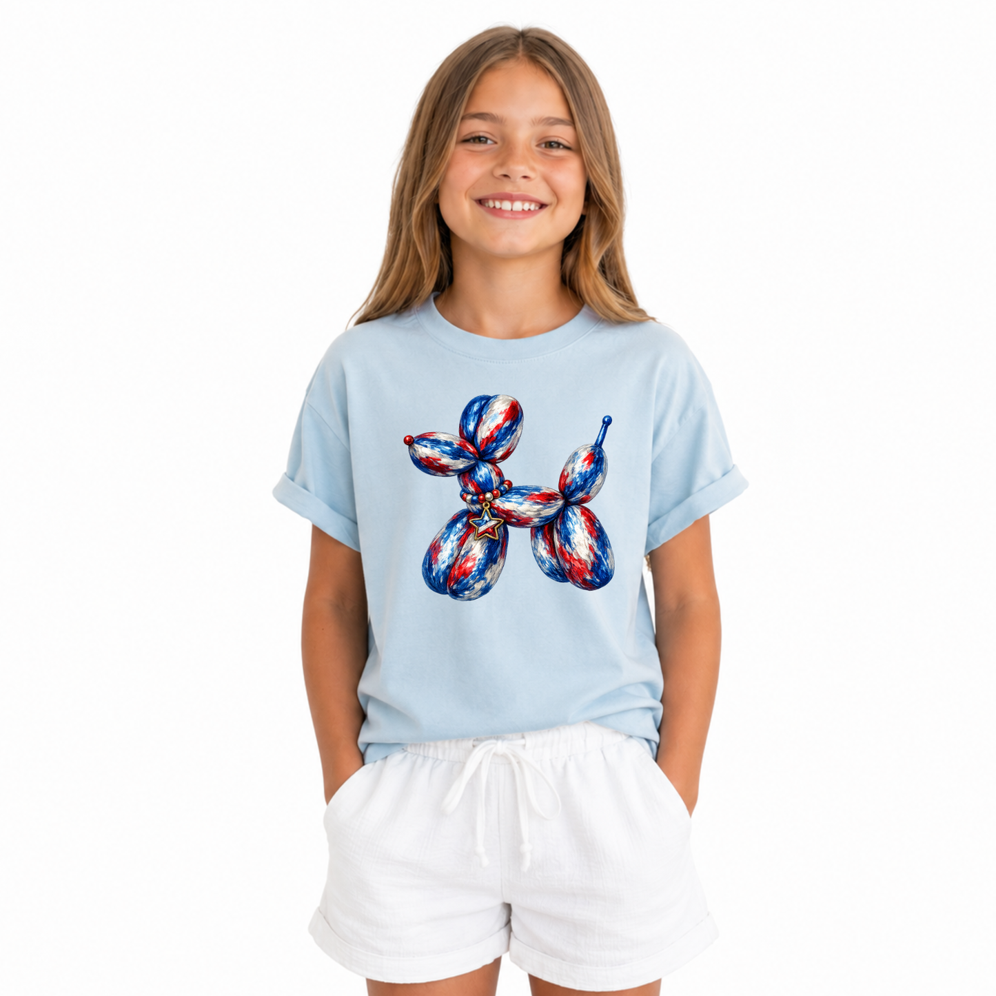 Red white and blue Americana balloon dog shirt for fireworks and summer parties